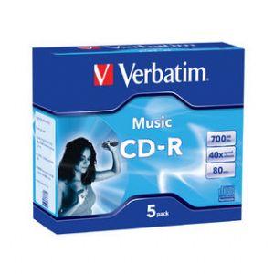 VERBATIM CD-R 80Min 5Pk Audio 40x, featuring high fidelity audio recording capabilities and a sleek design.