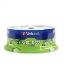 VERBATIM CD-RW 700MB 25Pk Spindle featuring a stack of rewritable discs in a clear plastic spindle, showcasing the brand and product details.