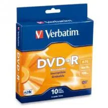 VERBATIM DVD-R 4.7GB 10Pk Spindle 16x featuring a stack of discs in a clear spindle case, ideal for data storage and video recording.