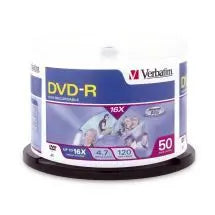 VERBATIM DVD-R 4.7GB 50pk Spindle featuring a stack of discs in a clear plastic container, ideal for data storage and video recording.