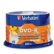 VERBATIM DVD-R 4.7GB 50Pk with white inkjet printable surface, ideal for high-quality printing and data storage.