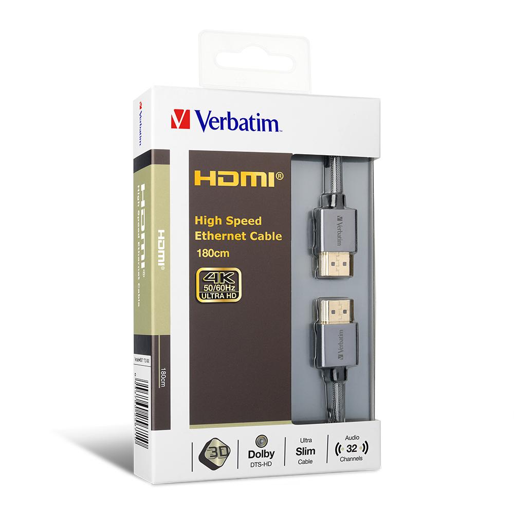 Verbatim HDMI Cable with Ethernet V2.0 Extra Slim 180cm, showcasing its sleek design and connectors.