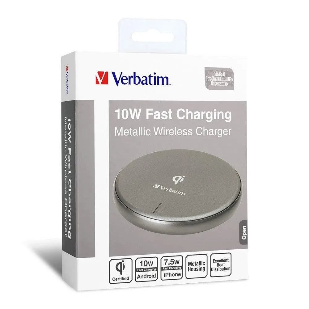 Verbatim Metallic Wireless Charger in Gray, featuring a sleek design and anti-slip silicone base for secure charging.