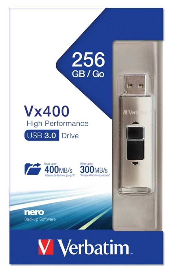 VERBATIM Store'n'Go Vx400 Solid State USB Drive in sleek metal housing, showcasing retractable USB connector and compact design.