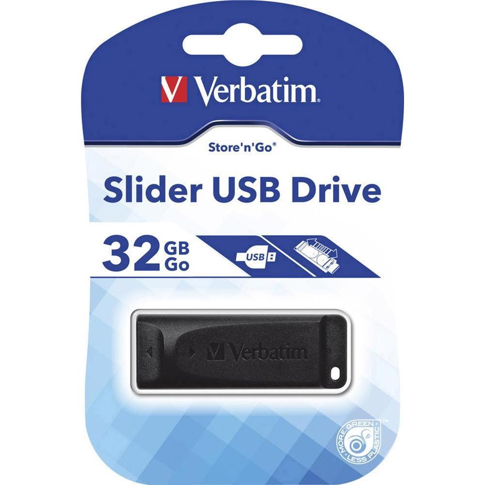 VERBATIM USB2.0 Store 'n' Go Slider USB Drive 32GB in black, featuring a retractable sliding mechanism for protection.