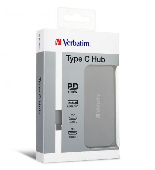 VERBATIM USB-C Hub in grey color with HDMI and USB3.0 ports, designed for enhanced connectivity.