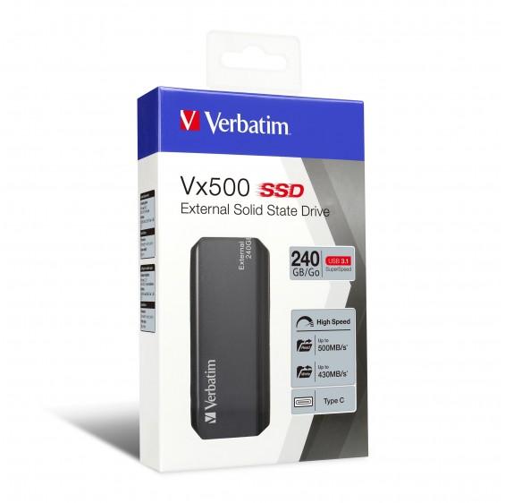 VERBATIM Vx500 External SSD Drive 240GB USB3.1 with sleek aluminum housing, compact size, and USB Type-C connector.