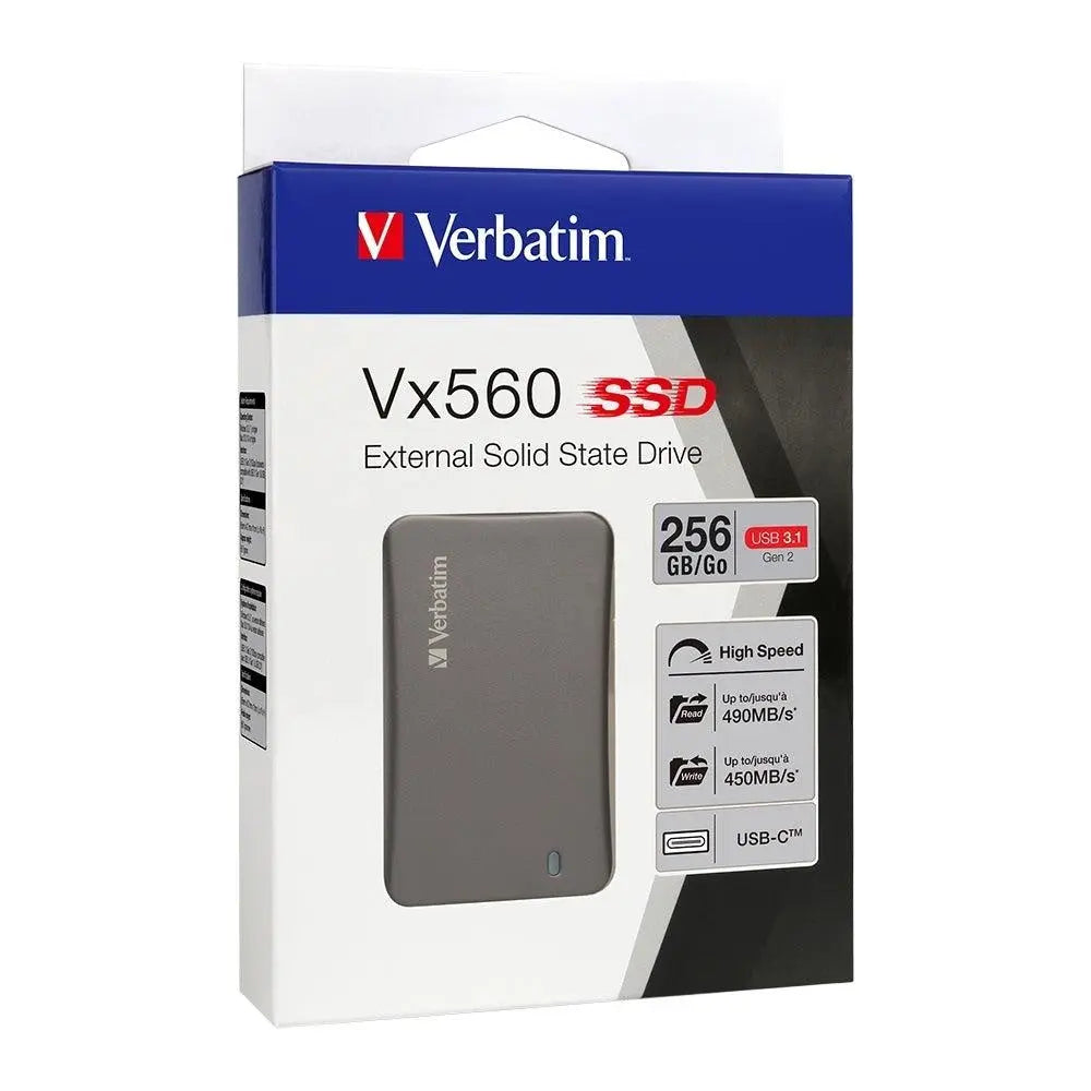 Verbatim Vx560 USB3.1 External SSD 256GB with sleek design and USB connector.