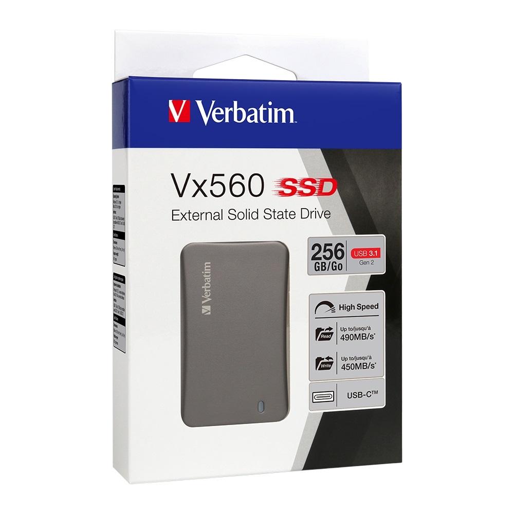 Verbatim Vx560 USB3.1 External SSD 256GB with sleek design and USB connector.