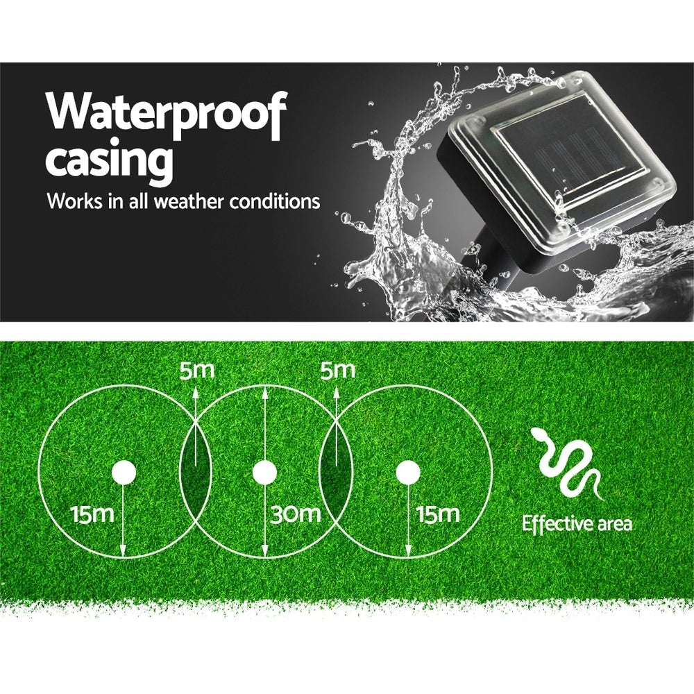 Set of 6 Vermitrap Ultrasonic Solar Powered Snake Repellers in a garden setting, showcasing their weatherproof design and solar panels.