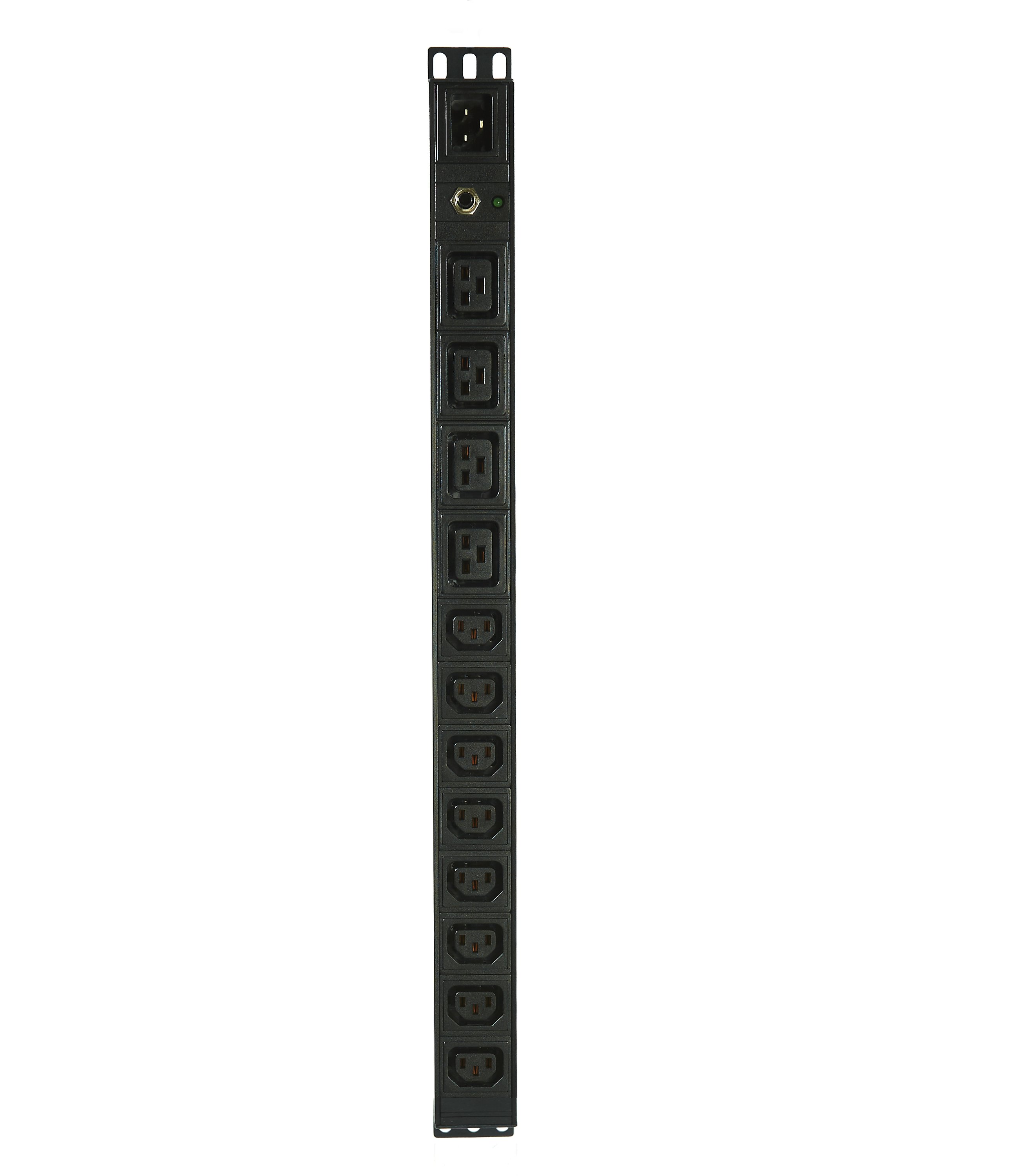 VERTICAL 19" 12 Way PDU Rack Mount Power Rail with 12 outlets and IEC C20 inlet, designed for efficient power distribution in server racks.