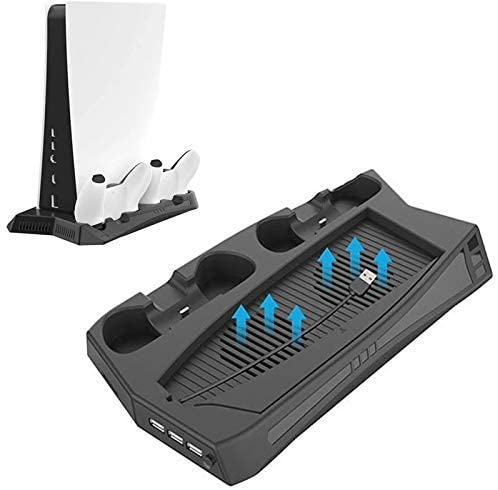 Vertical Stand Cooling/Charging Station for PS5 with dual controller charger and game storage, featuring USB ports and cooling fans.