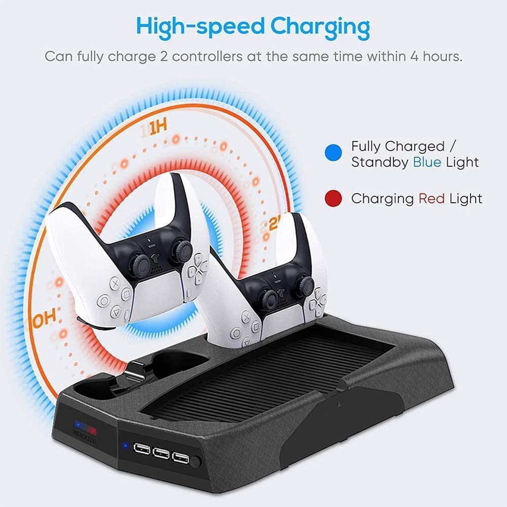 Vertical Stand Cooling/Charging Station for PS5 with dual controller charger and game storage, featuring USB ports and cooling fans.