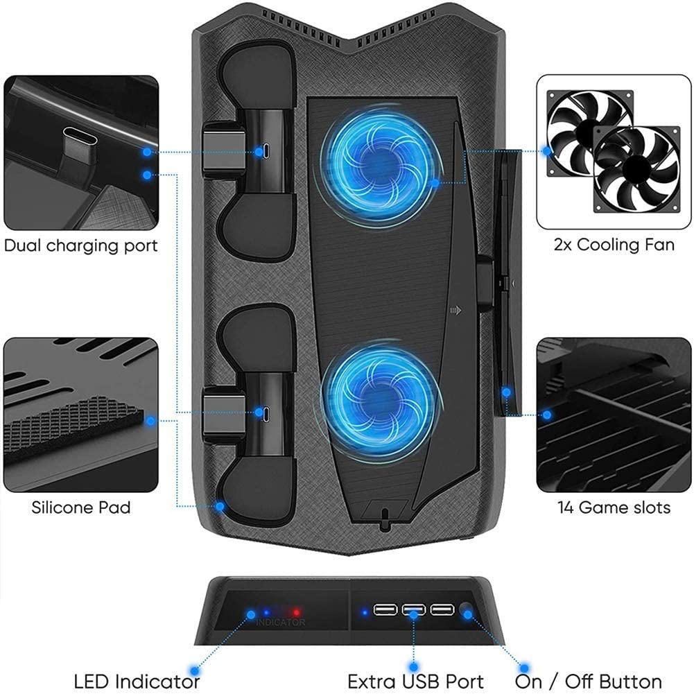 Vertical Stand Cooling/Charging Station for PS5 with dual controller charger and game storage, featuring USB ports and cooling fans.