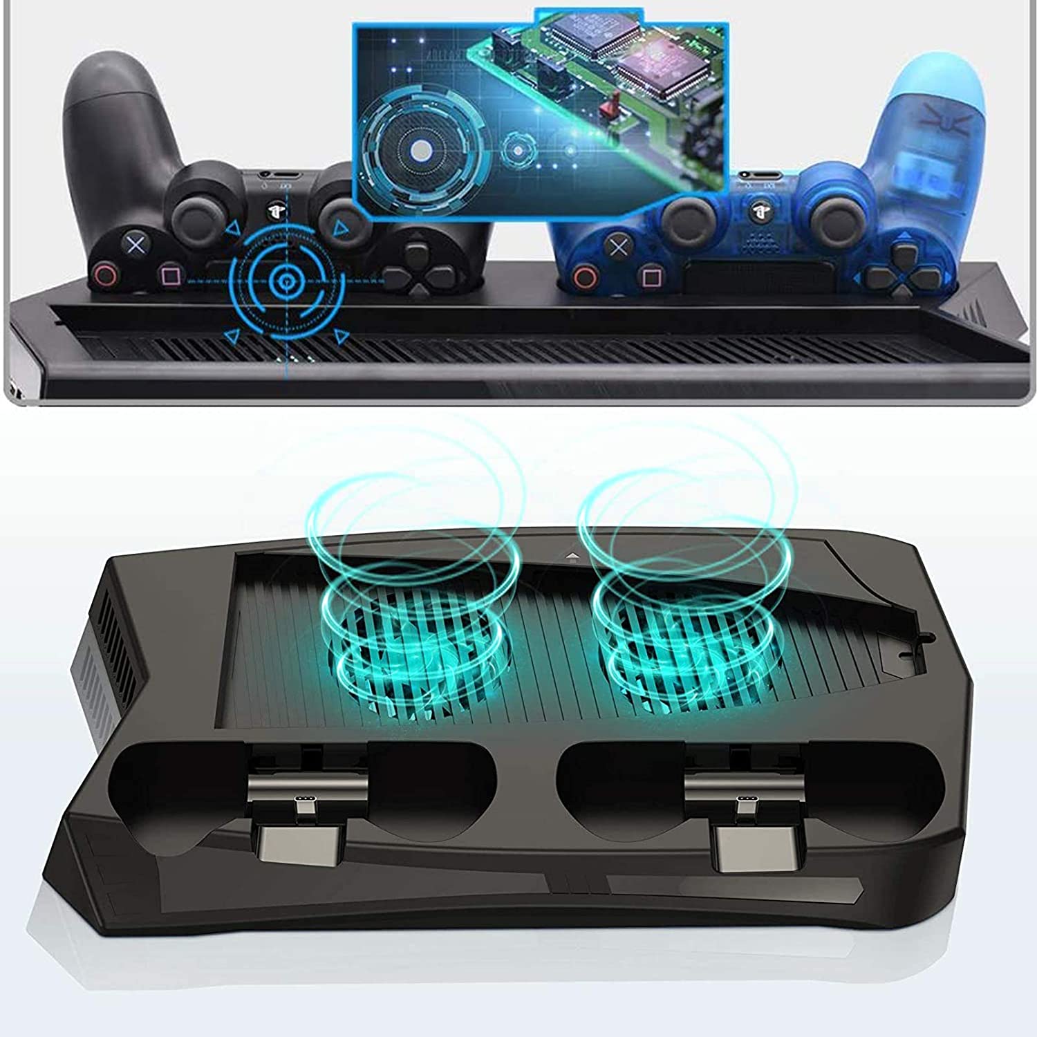 Vertical Stand Cooling/Charging Station for PS5 with dual controller charger and game storage, featuring USB ports and cooling fans.