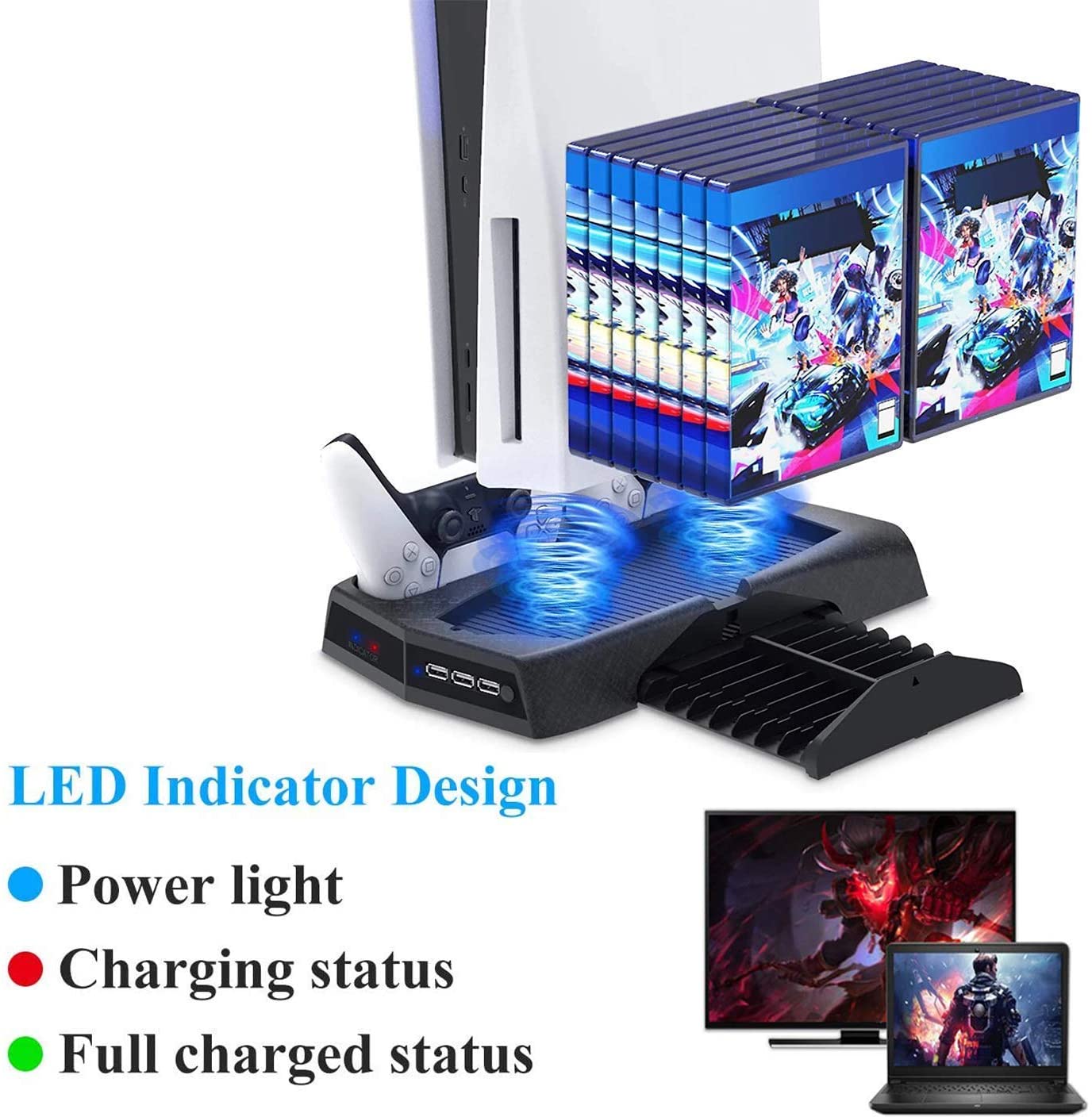 Vertical Stand Cooling/Charging Station for PS5 with dual controller charger and game storage, featuring USB ports and cooling fans.