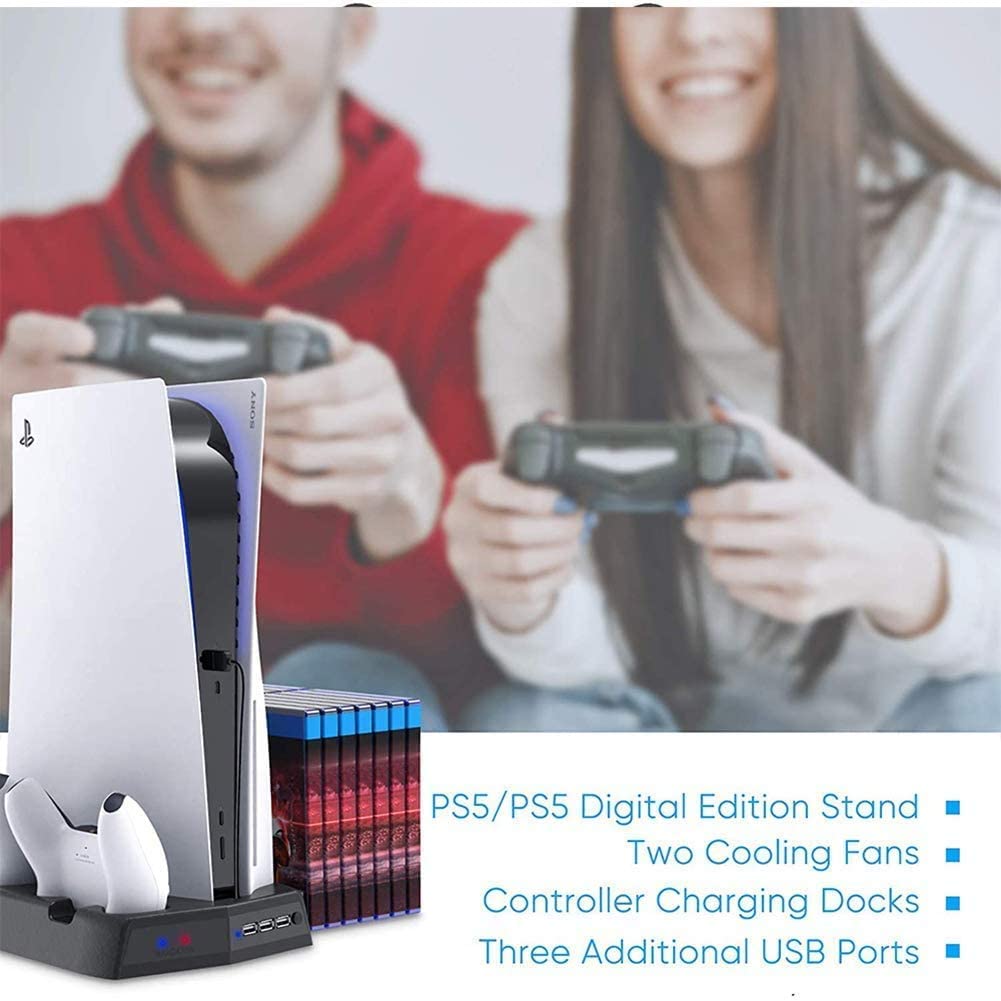 Vertical Stand Cooling/Charging Station for PS5 with dual controller charger and game storage, featuring USB ports and cooling fans.