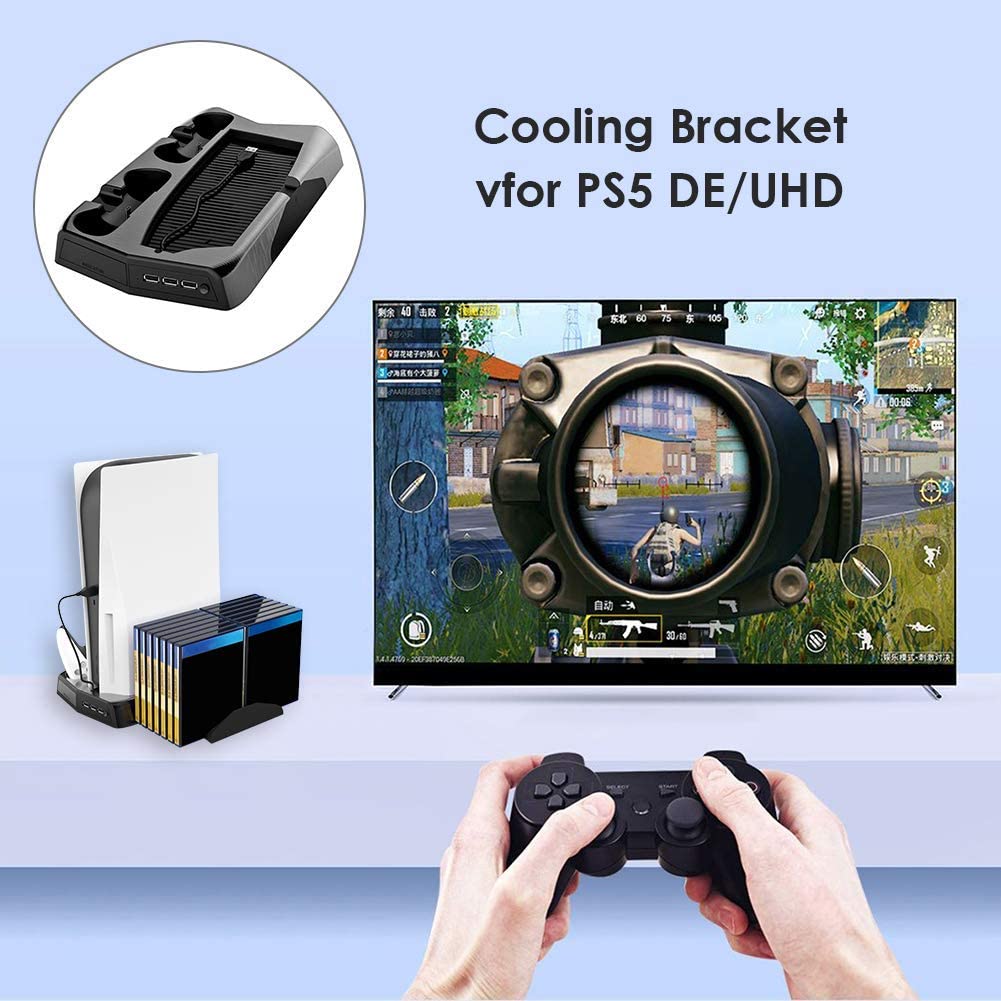 Vertical Stand Cooling/Charging Station for PS5 with dual controller charger and game storage, featuring USB ports and cooling fans.