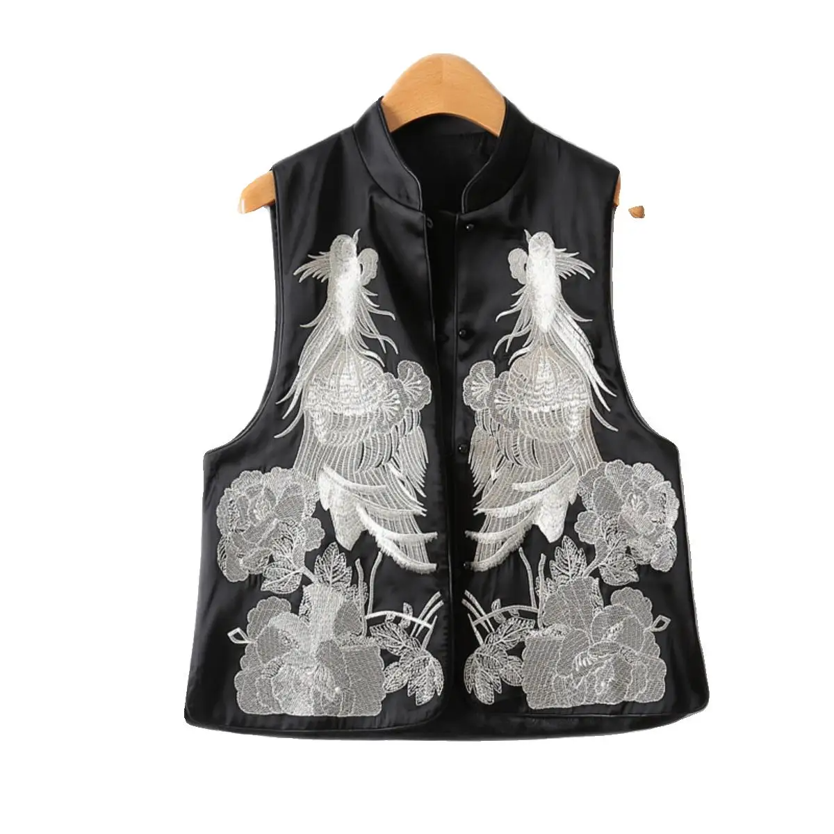 Elegant Chinese style vest for women featuring disc button closure and stand collar, made from soft polyester fabric.