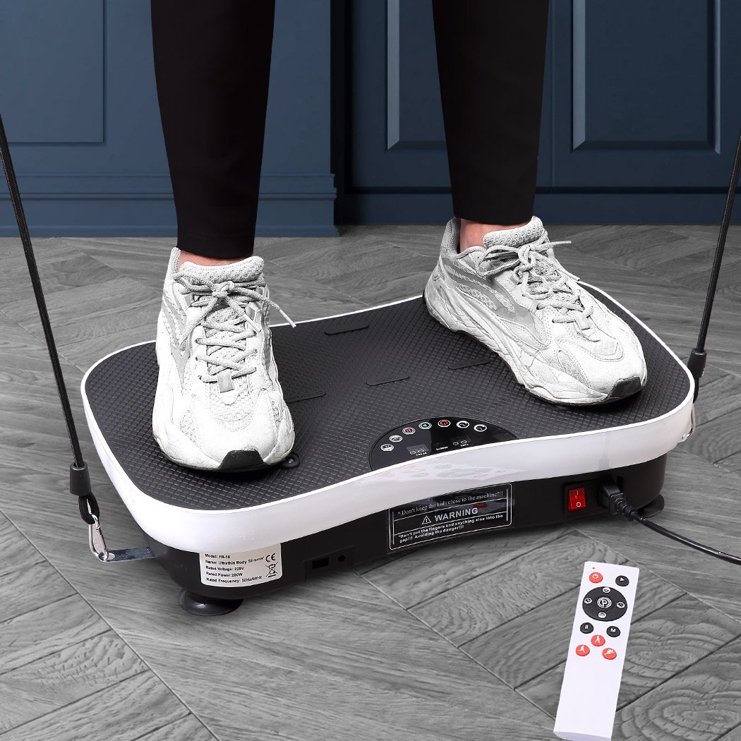 Vibration Machine with LED display and resistance bands, designed for full body workouts and muscle activation.