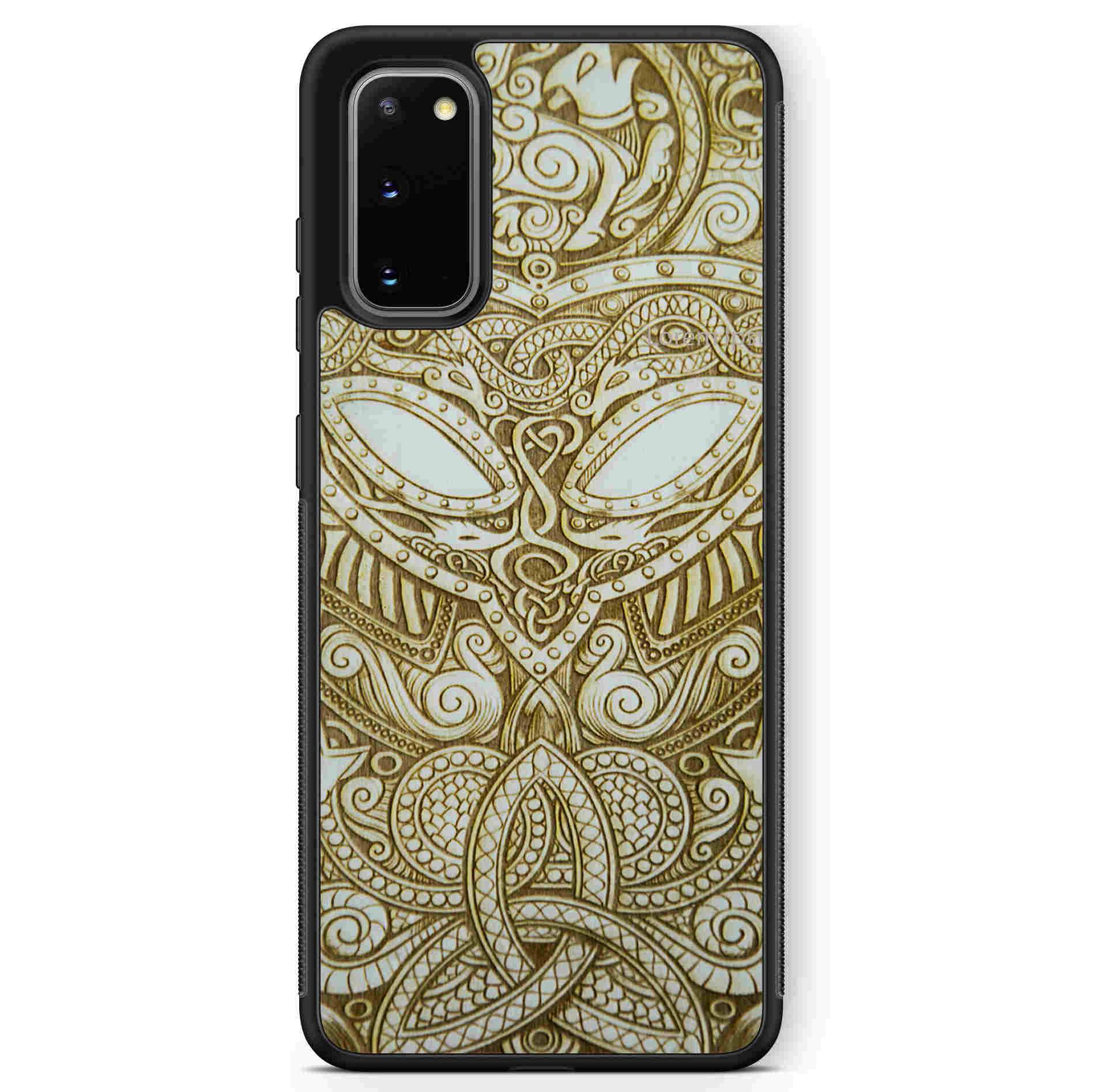 Handcrafted Viking wooden phone case showcasing unique wood grain and Norse symbols, held in a woman's hand.