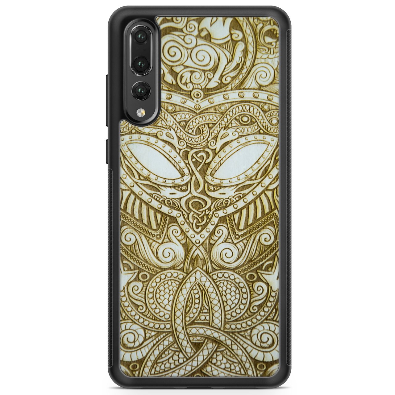 Handcrafted Viking wooden phone case showcasing unique wood grain and Norse symbols, held in a woman's hand.