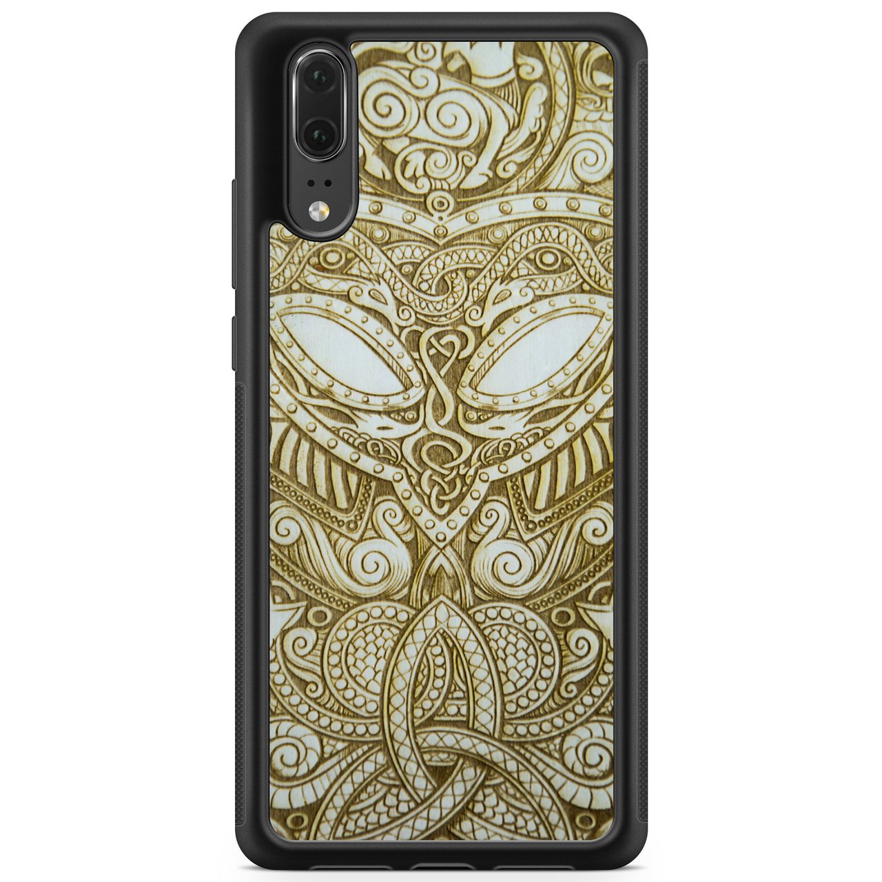 Handcrafted Viking wooden phone case showcasing unique wood grain and Norse symbols, held in a woman's hand.