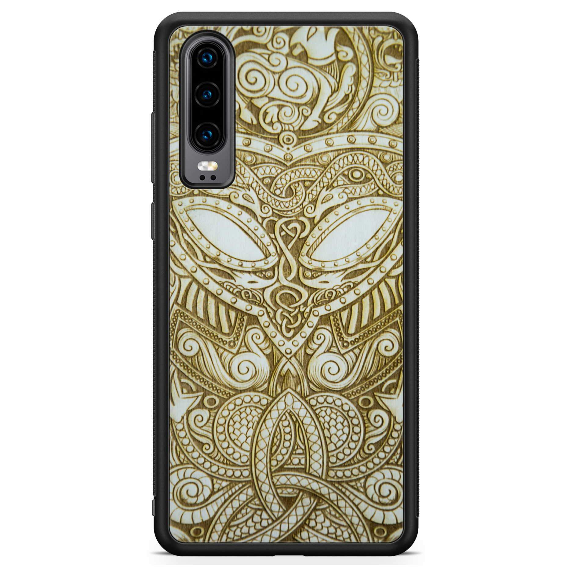 Handcrafted Viking wooden phone case showcasing unique wood grain and Norse symbols, held in a woman's hand.