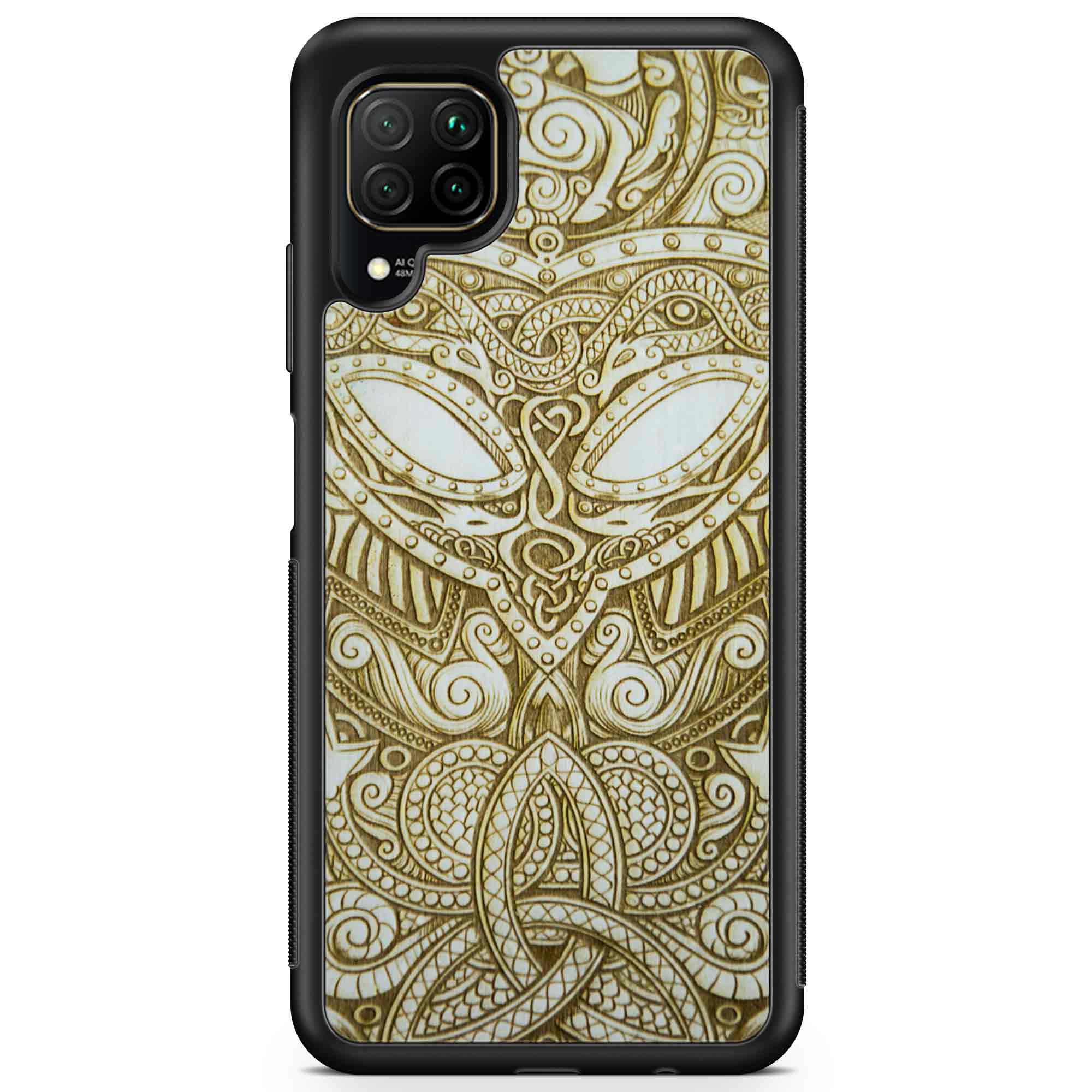 Handcrafted Viking wooden phone case showcasing unique wood grain and Norse symbols, held in a woman's hand.