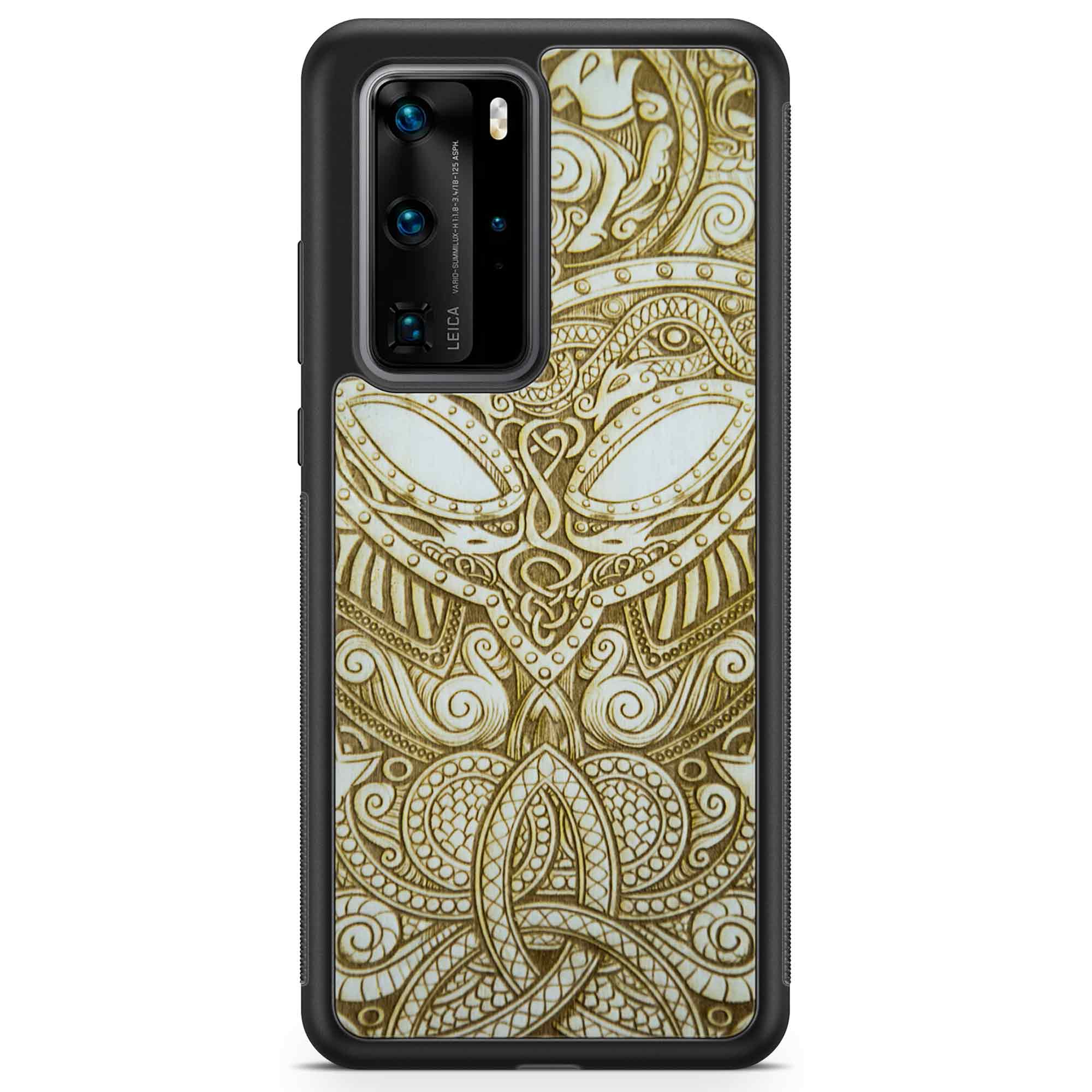 Handcrafted Viking wooden phone case showcasing unique wood grain and Norse symbols, held in a woman's hand.