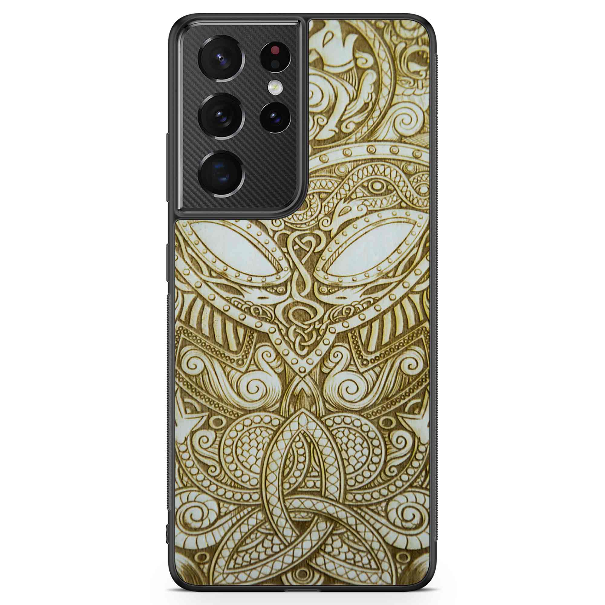 Handcrafted Viking wooden phone case showcasing unique wood grain and Norse symbols, held in a woman's hand.