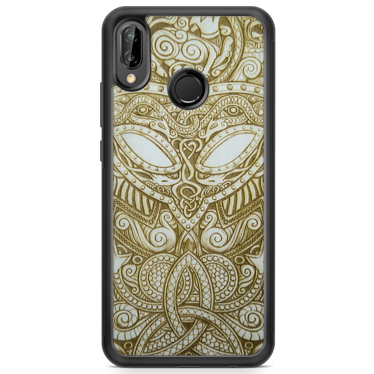 Handcrafted Viking wooden phone case showcasing unique wood grain and Norse symbols, held in a woman's hand.