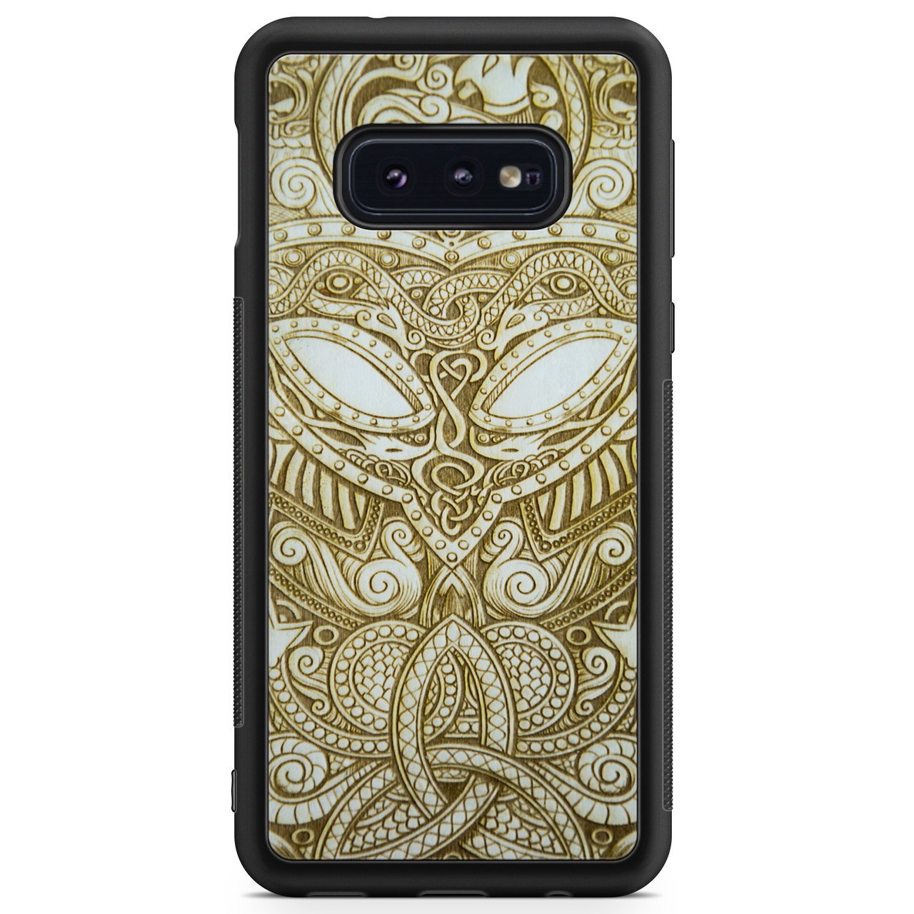 Handcrafted Viking wooden phone case showcasing unique wood grain and Norse symbols, held in a woman's hand.