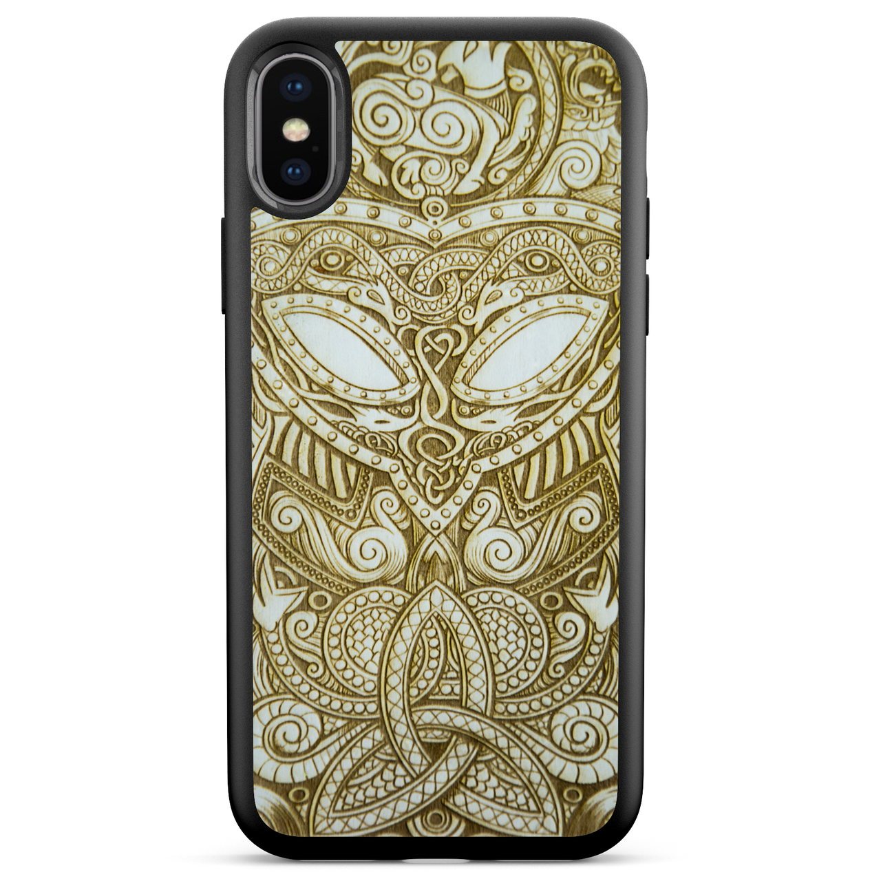 Handcrafted Viking wooden phone case showcasing unique wood grain and Norse symbols, held in a woman's hand.