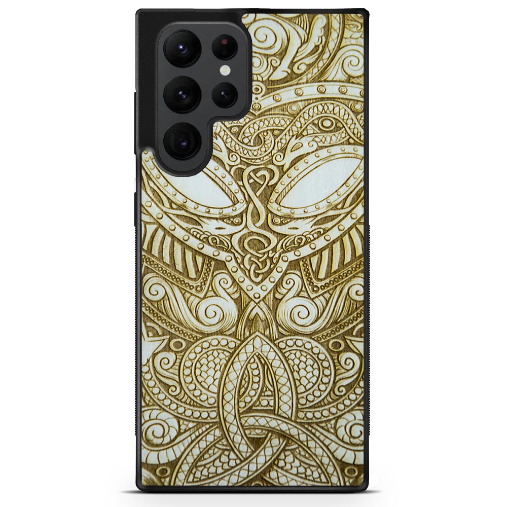 Handcrafted Viking wooden phone case showcasing unique wood grain and Norse symbols, held in a woman's hand.