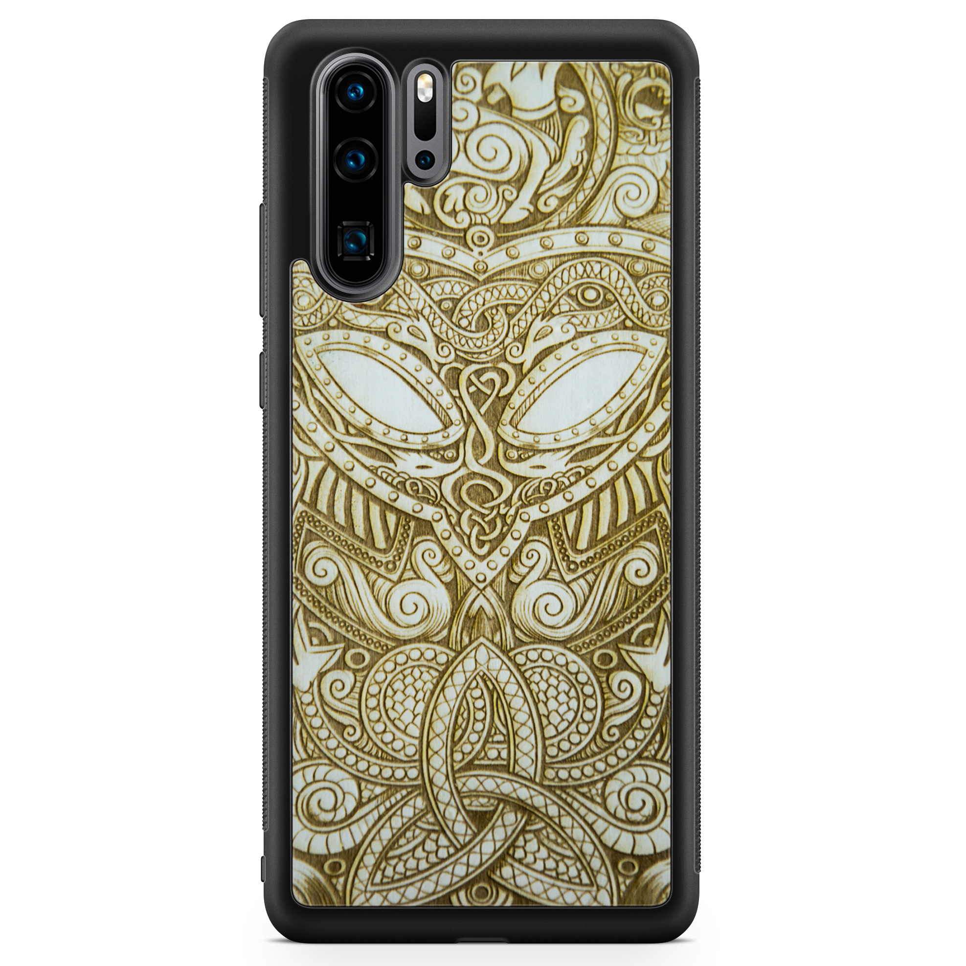 Handcrafted Viking wooden phone case showcasing unique wood grain and Norse symbols, held in a woman's hand.