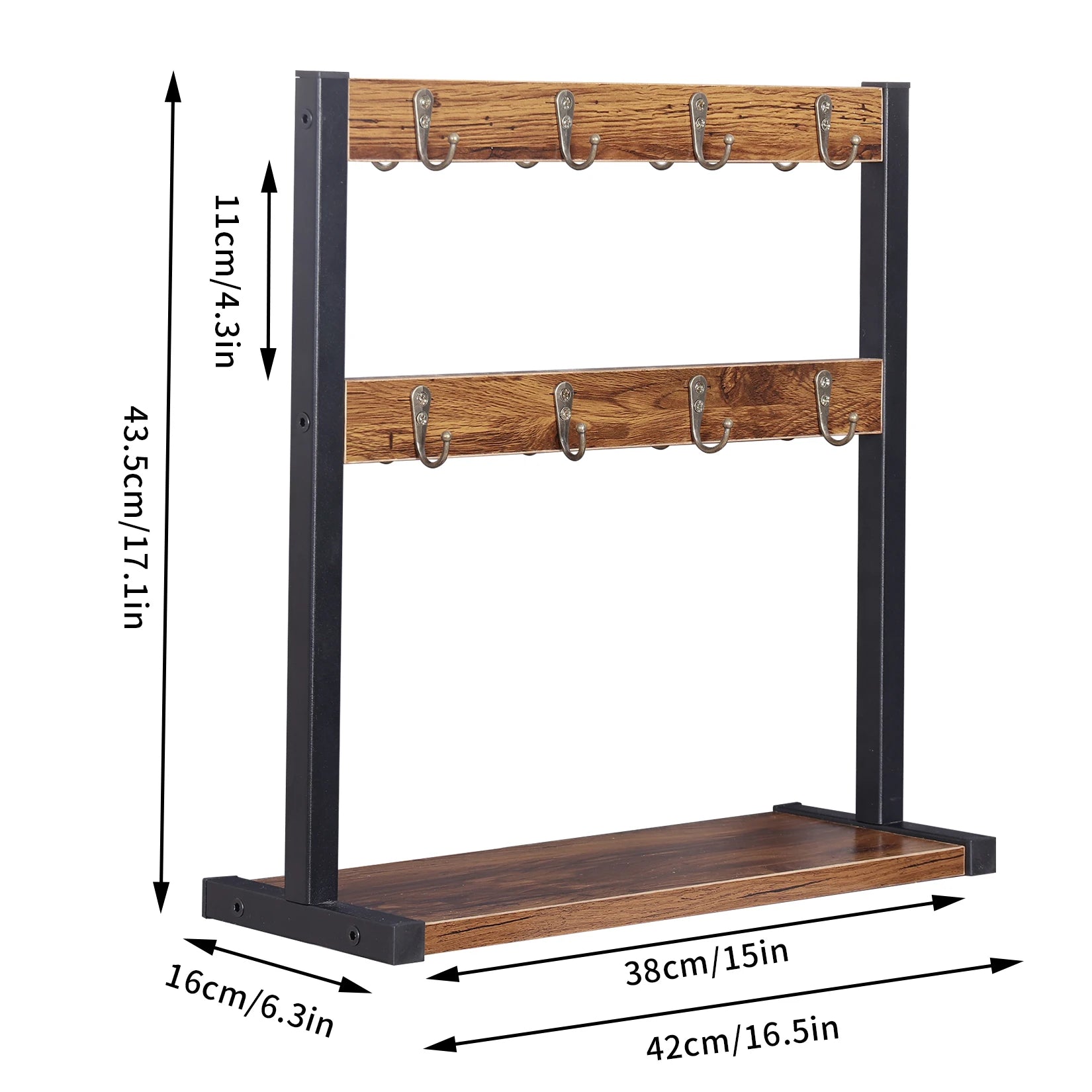 Vintage wood coffee mug holder stand with 2 tiers and 16 hooks, showcasing a rustic design perfect for kitchen countertops.