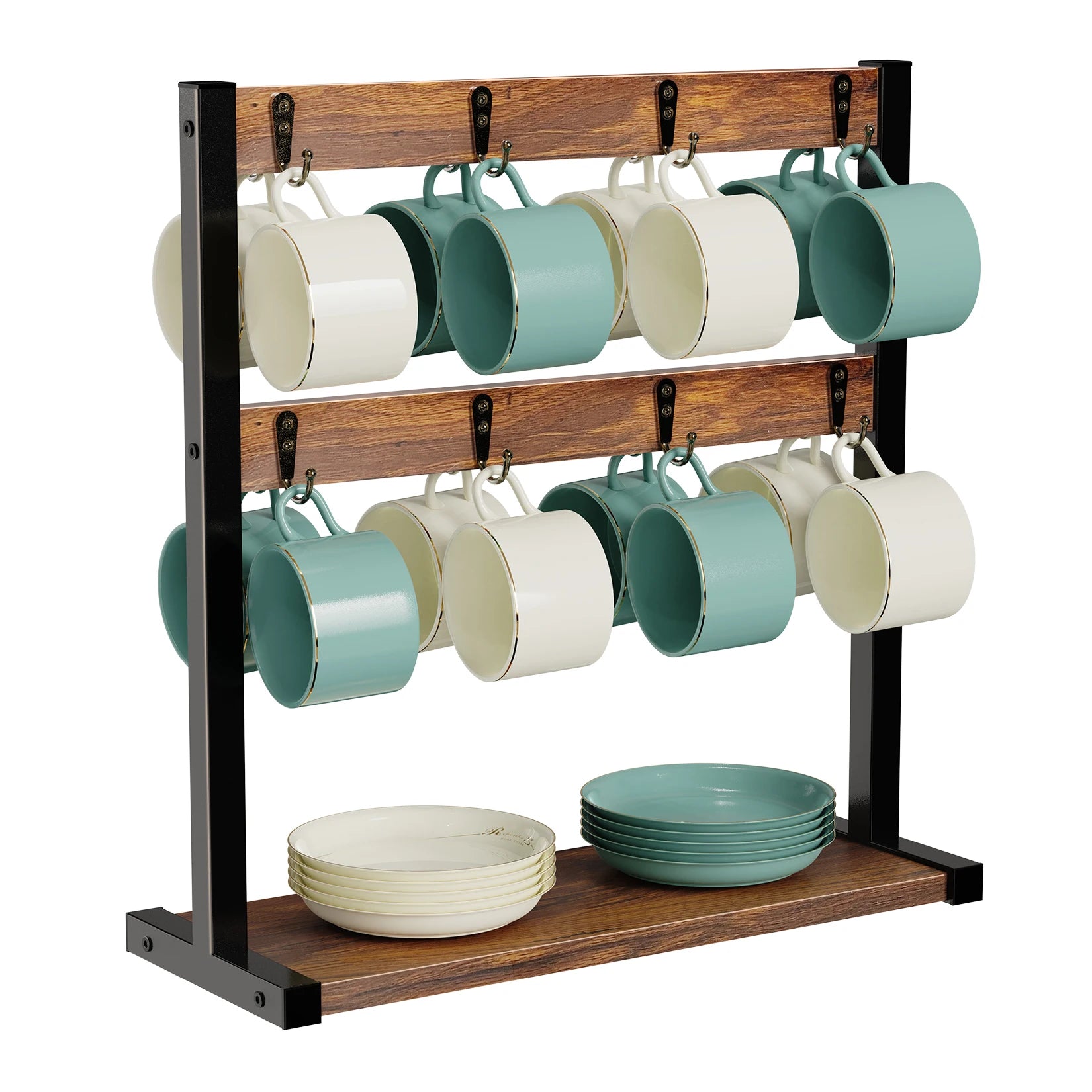 Vintage wood coffee mug holder stand with 2 tiers and 16 hooks, showcasing a rustic design perfect for kitchen countertops.