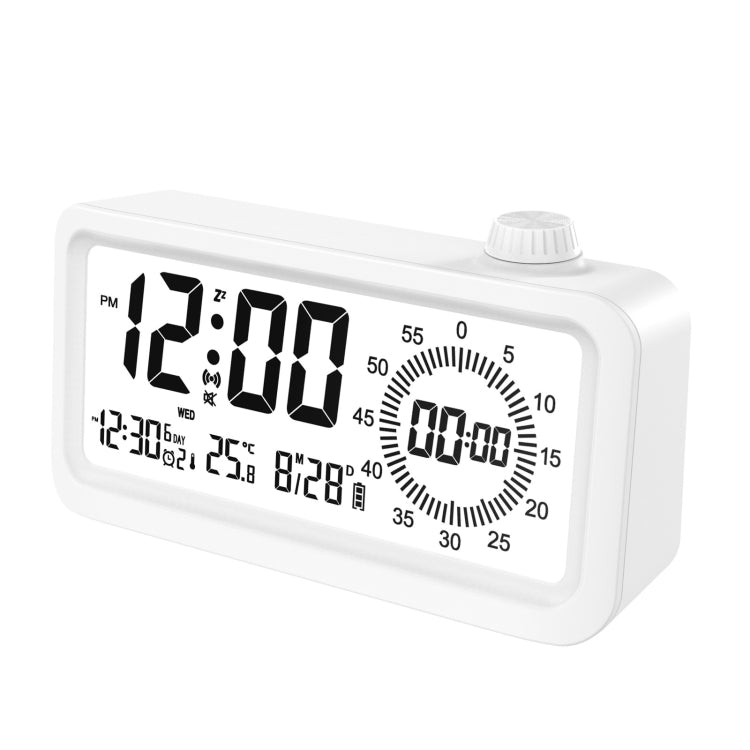 Visual Timer Alarm Clock with dual display and backlight function in white color, showcasing its sleek design and features.