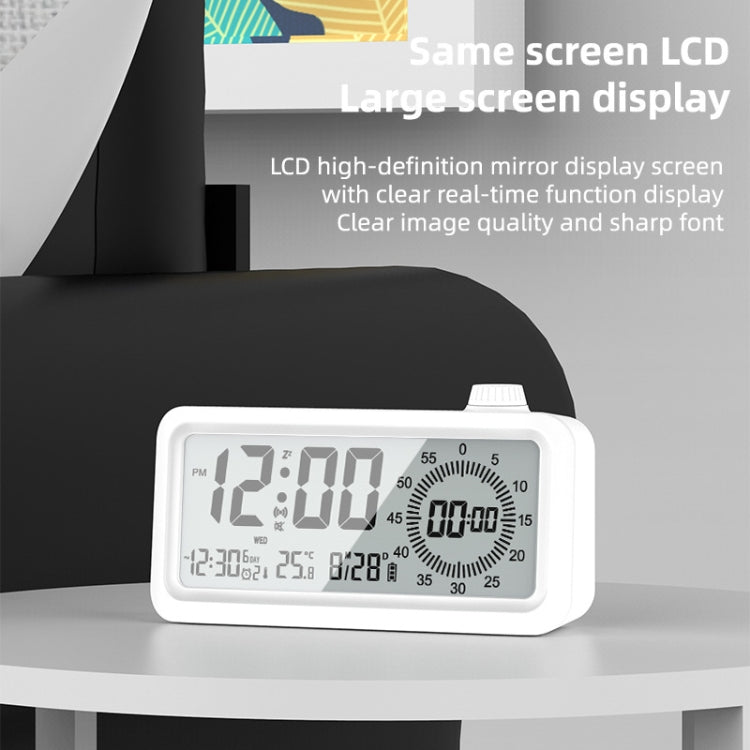 Visual Timer Alarm Clock with dual display and backlight function in white color, showcasing its sleek design and features.