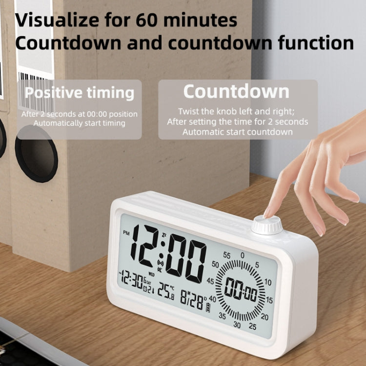 Visual Timer Alarm Clock with dual display and backlight function in white color, showcasing its sleek design and features.