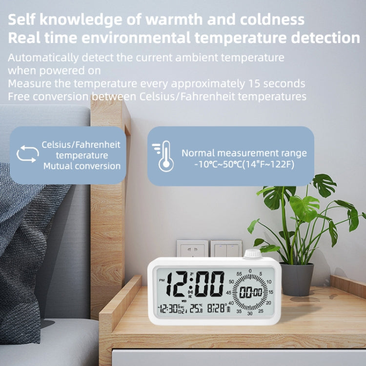 Visual Timer Alarm Clock with dual display and backlight function in white color, showcasing its sleek design and features.