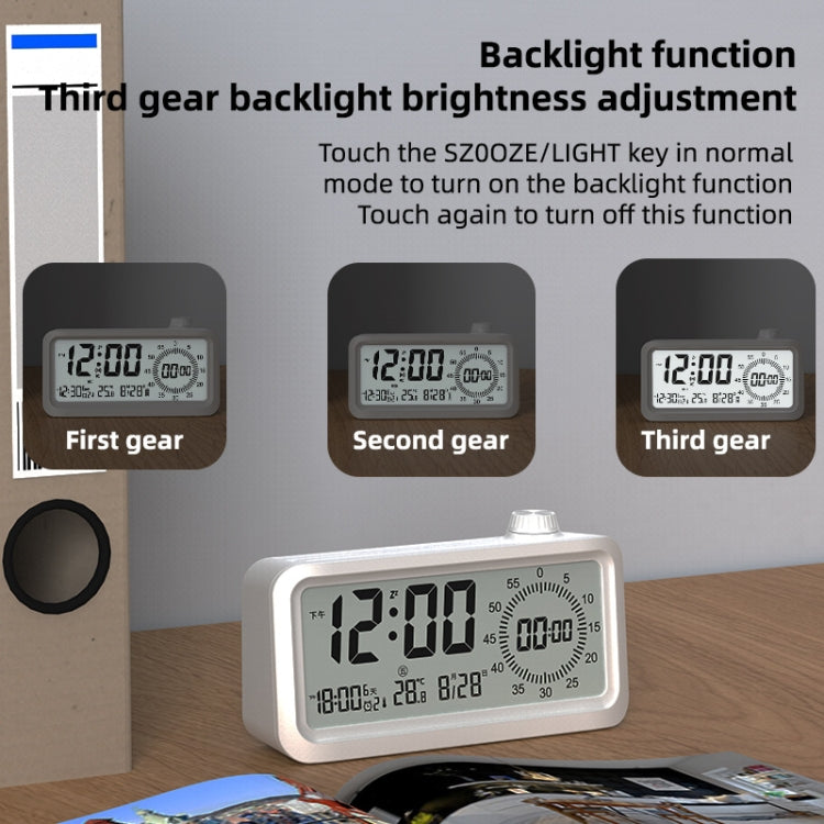 Visual Timer Alarm Clock with dual display and backlight function in white color, showcasing its sleek design and features.