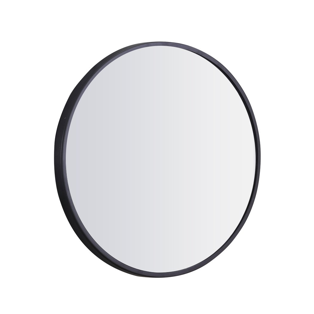 50CM round wall mirror with a sleek black steel frame, perfect for bathrooms and living spaces, showcasing a crystal clear reflection.