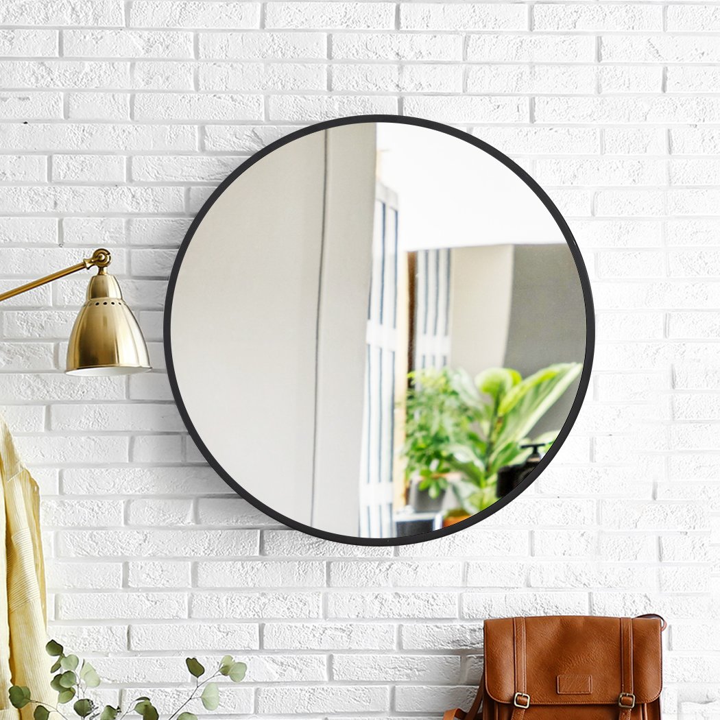 50CM round wall mirror with a sleek black steel frame, perfect for bathrooms and living spaces, showcasing a crystal clear reflection.