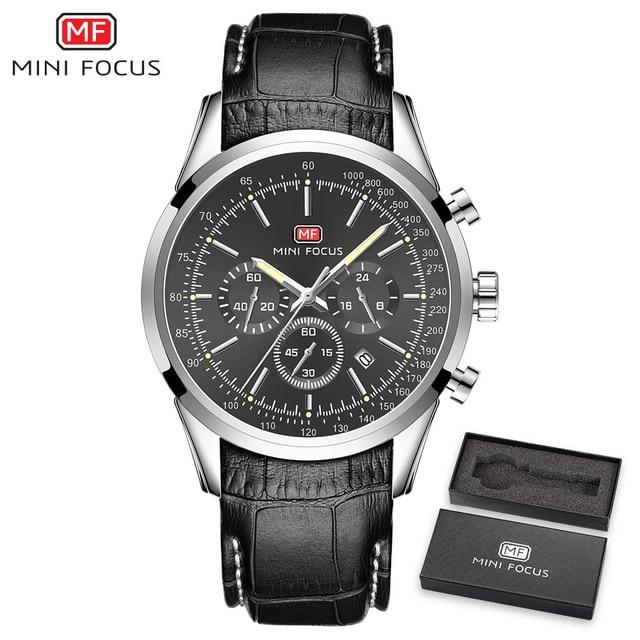 Men's Quartz Military Watch with leather strap and auto date display, showcasing a round stainless steel case and luminous hands.