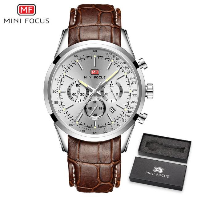 Men's Quartz Military Watch with leather strap and auto date display, showcasing a round stainless steel case and luminous hands.