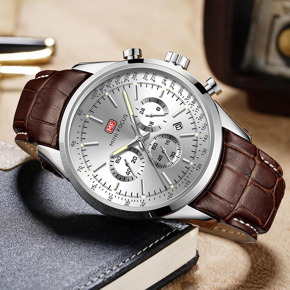 Men's Quartz Military Watch with leather strap and auto date display, showcasing a round stainless steel case and luminous hands.