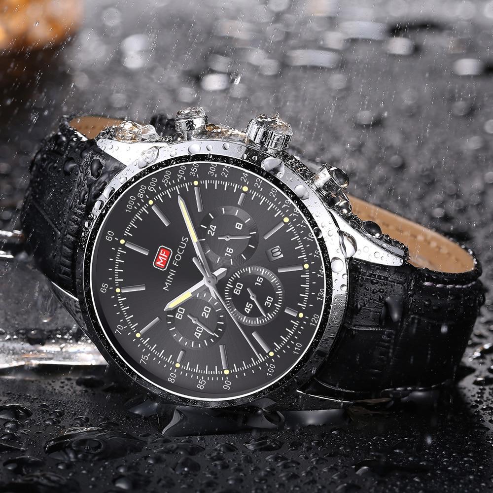 Men's Quartz Military Watch with leather strap and auto date display, showcasing a round stainless steel case and luminous hands.