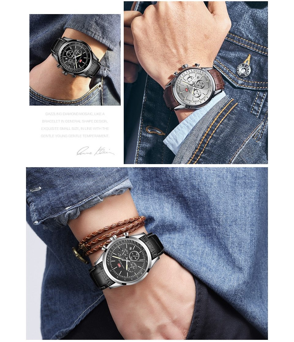 Men's Quartz Military Watch with leather strap and auto date display, showcasing a round stainless steel case and luminous hands.